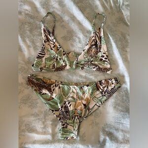 aerie Tropical Leaf & Animal Print Bikini - Green, Cream, Brown